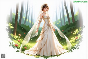 A woman in a wedding dress is walking through the woods.