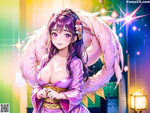 A woman sitting on top of a bed in a kimono.