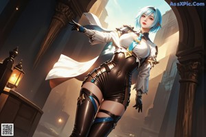 A woman with blue hair wearing a black and white outfit.
